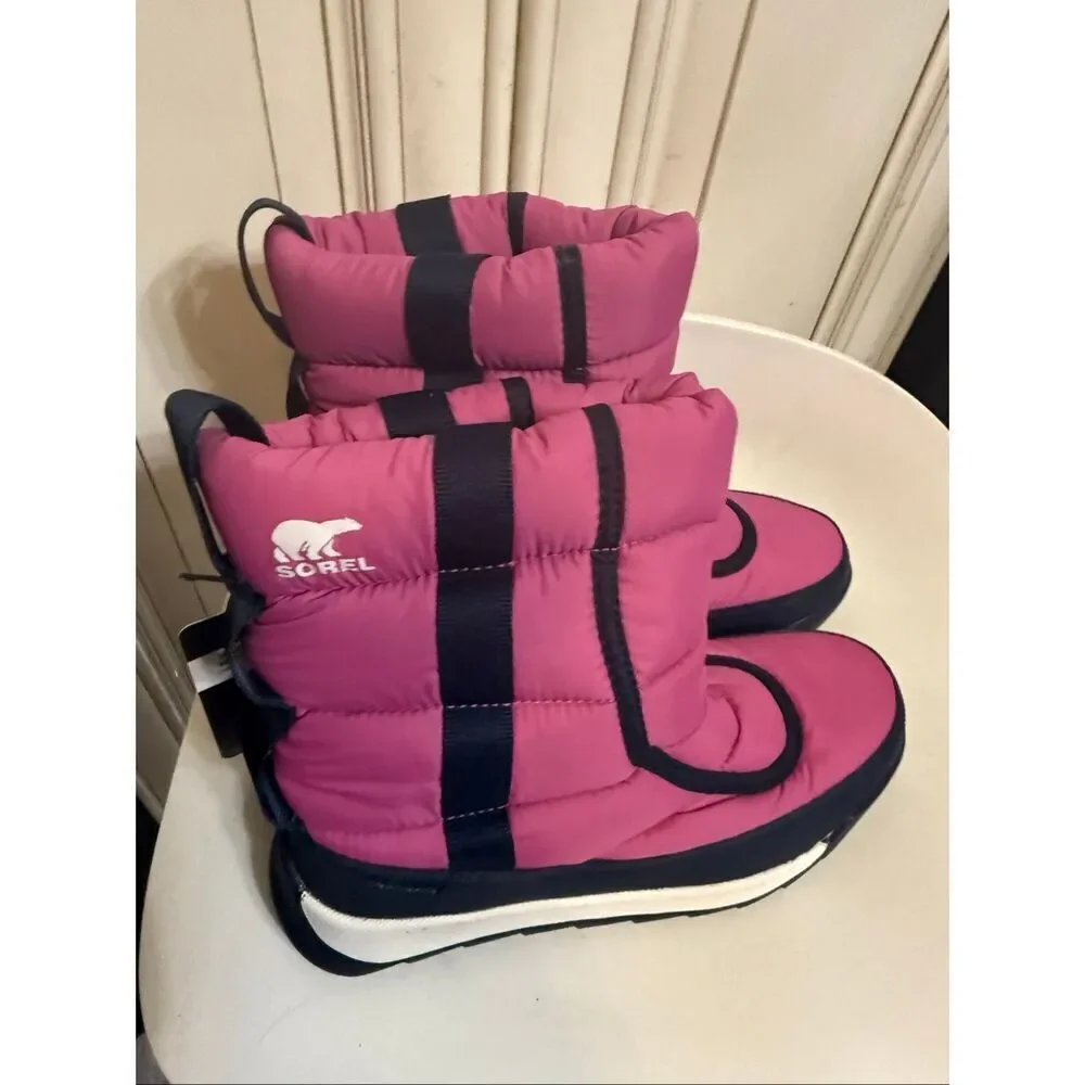 Sorel Kids Girls Puffy Quilted Whitney II Mid Snow Boots Pink Black Size 4 NWT